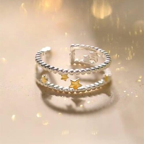 Pure 925 Sterling Silver Gold Star Finger Rings For Women Statement Elegant Double Layer Ring Fine Jewelry Party Gifts