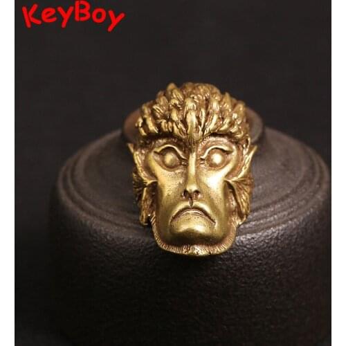 Brass Monkey King Head Figurine Pendant DIY Keychain Accessory Retro Long Face Cartoon Figure Key Chain Handbag Hanging Jewelry