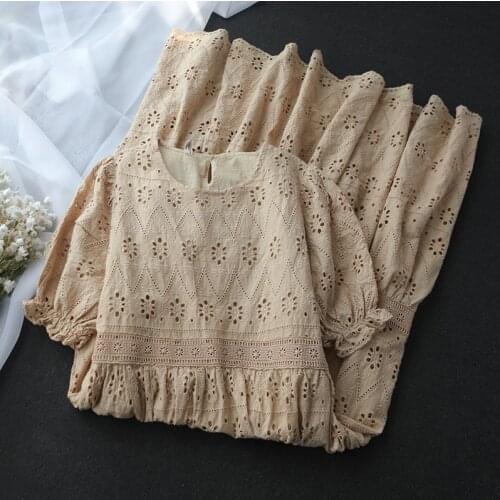 Cotton Lace Dress Womens Korean-Style New round Neck Hollow Embroidery Elegant Dress Fashion