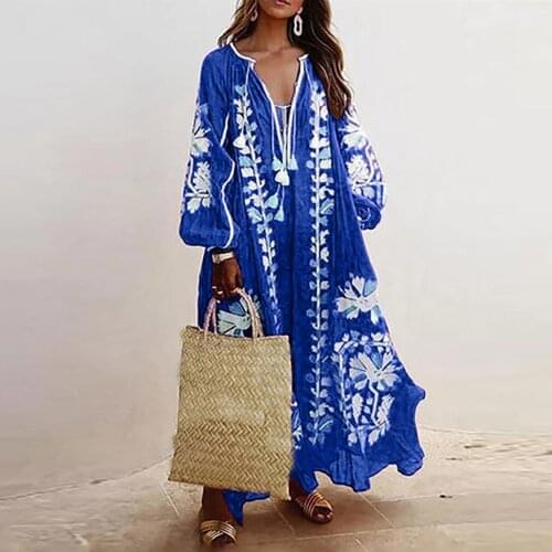 Fashion Summer Maxi Dress Womens Printed Dresses Casual Bohemian Style V-Neck Long Sleeve Long Dresses Vestidos Female Robe