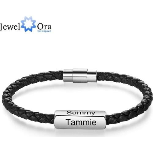 JewelOra Personalized Engraving 1-4 Names Stainless Steel Wristband Bracelets Black Braided Leather Bracelets for Men Gifts