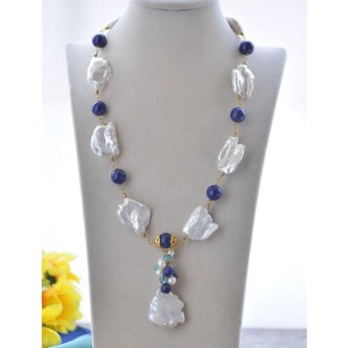 P7065 20" 30mm White Keshi Pearl lapis lazuli Choker Necklace Pendant