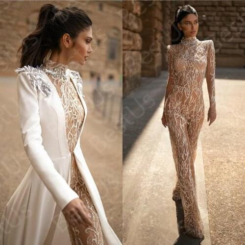 Illusion Prom Dresses High Collar Lace Applique Elegant Formal Dress With Jacket Long Sleeve Beaded Jumpsuits robes de soirée