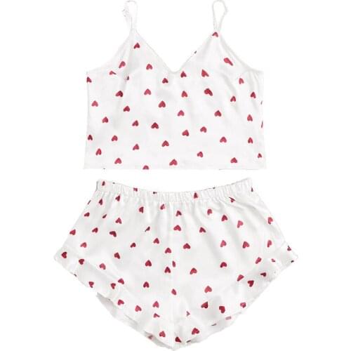 Casual Sleepwear Womens Sexy Fashion Shirts+Shorts Pants heart Print Pajama Satin Ice Silk Nightwear Set hot selling pijamas