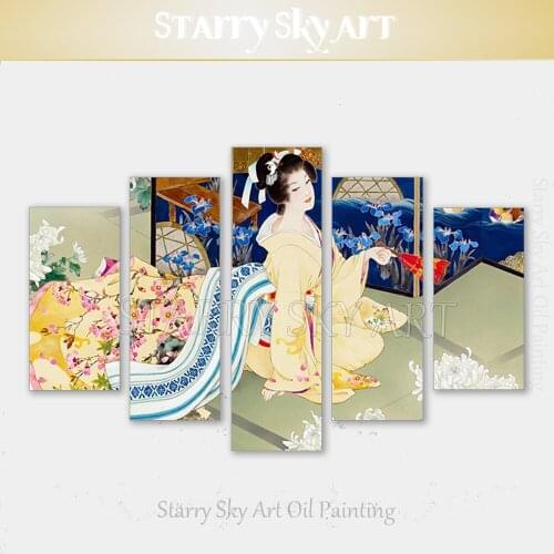 Artist Hand-painted Multiple Pieces Japan Style Kimono Lady Picture Decoration Japanese Chrysanthemum Flowers Painting for Decor