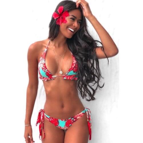 Sexy Bikini Suit Summer Female Print Lace-Up Halter Tassel Low Waist 2020 New Two-Piece Swimsuit Beach Split Womens Swimwear