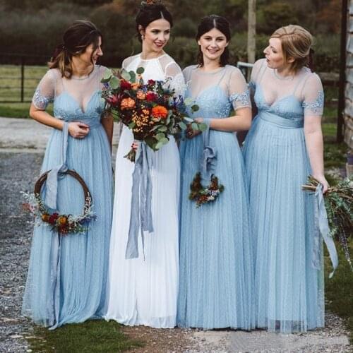 YiMinpwp Light Sky Blue Bridesmaid Dresses Sheer Neck Short Sleeve Floor Length Lace Appliques Country Wedding Guest Gowns Maxi