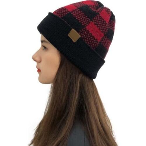 XEONGKVI Europe America Grid Flanging Skullies Beanies Leather Label Christmas Hat Fashion Winter Warm Knitted Cap For Women
