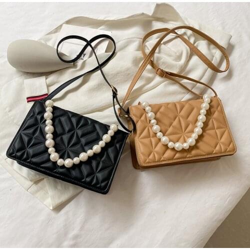 Women Fashion Geometric Embossing PU Leather Shoulder Messenger Bags Casual Solid Color Ladies Pearl Chain Crossbody Handbags