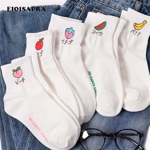 [EIOISAPRA]Fruit Embroidery Peach Strawberry Apple Watermelon Banana Cute Art Socks Women Korean Harajuku Cartoon Funny Socks