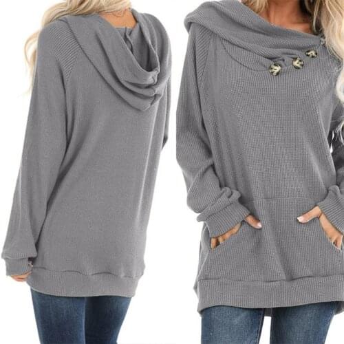 Womens Long Sleeve Button Cowl Neck Hoodies Solid Color Oversized Loose Sweatshirt Kangaroo Pocket Autumn Tunic Tops S-2XL
