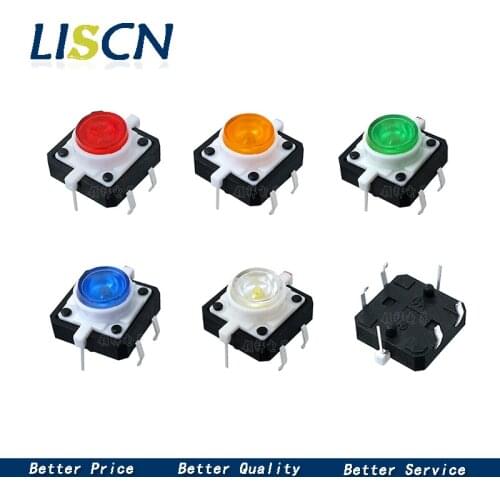 10pcs Illuminated Tact Switch 12x12x7.3 mm Green Red Yellow Blue White LED Reset button Switch Momentary LED 5 color 12*12*7.3mm