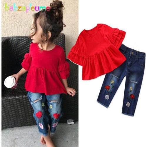 2Piece 1-6Years Spring Summer Wear Fashion Baby Girls Outfits Clothes Set Red T-shirt+Flower Kids Jeans Children Clothing BC1741