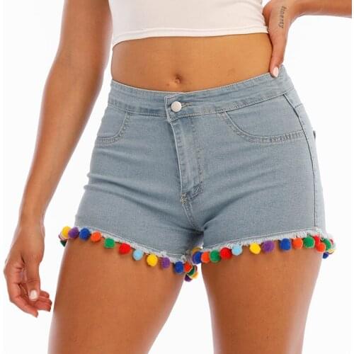 2021 Fashion Women Shorts Jeans Denim Hot Sexy Colorful Ball Decoration Casual Push Up Skinny Short Pants For Nightclub Party