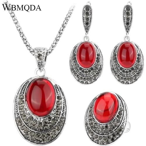 3 Pcs/lot Fashion Oval Red Jewelry Sets For Women Ancient Silver Color Retro Necklaces Rings And Earrings Crystal Gift 2018 New