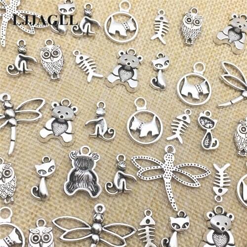 7types Animal Charms 15Pcs/lot Tibetan Silver Plated Dog Cat Bear Monkey Owl Pendants Diy Jewelry Handmade Art Bracelet Craft
