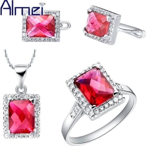 Almei Jewelry Sets Women New Silver Cubic Zircon Fashion Red Square Crystal Engagement Wedding Gifts For Bridal Wholesale T077