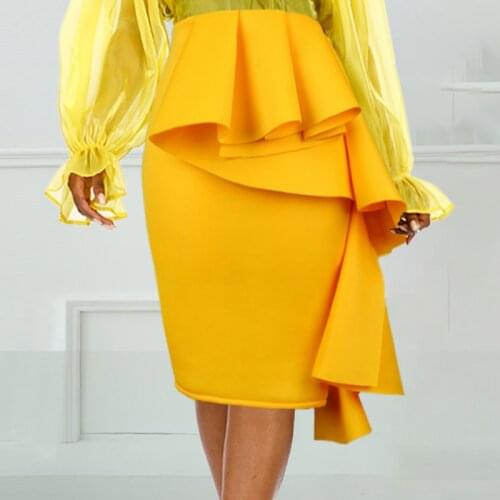 Plus Size Women Yellow Skirt Party Occasion Outfits Asymmetrical Ruffle Jupes for Office Date Night Dinner 2021 Spring Summer