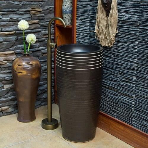 Black Conjoined Art Bathroom Pedestal Wash Basin Ancient Style Pedestal Washbasin Floor Type Table Basin Vertical Hand Basin