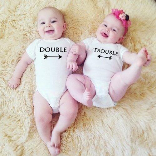 Double and Trouble Baby Girls Boys Clothing Bodysuit Summer Short Sleeves Jumpsuit Twins Baby Clothes Unisex Onesie