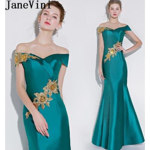 JaneVini Elegant Satin Gold Beaded Formal Evening Dresses 2019 Lace Mermaid Mother Of Bride Wedding Party Dress Long Dinner Gown