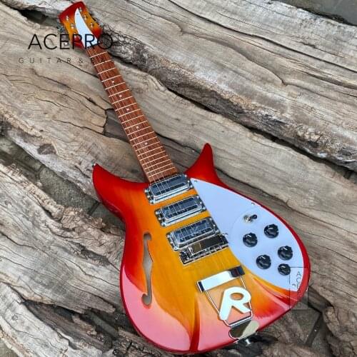 Cherry Burst F holes Semi Hollow body Electric Guitar, Three Mini Humbucker pickups, 527mm Scale length, Tailpiece Bridge