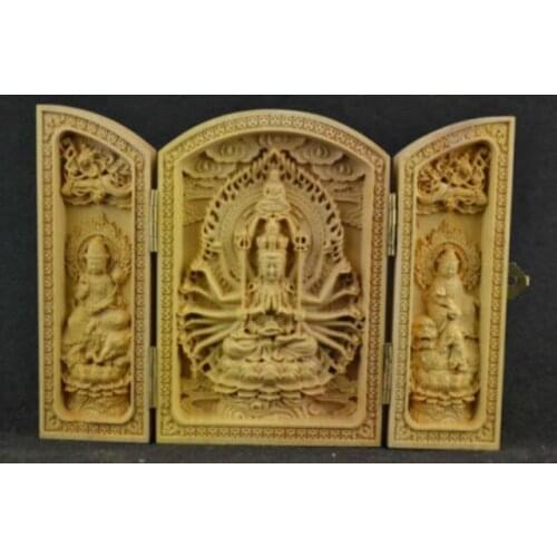 Handwork Carved Boxwood Avalokitesvara Statue Chinese Calligraphy Box