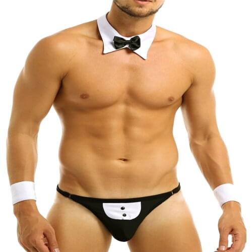 Alvivi Mens Lingerie Set Waiter Tuxedo Cosplay Costume Open Back Low-rise With Stretchy Waistband Underwear Cocktail Clubwear