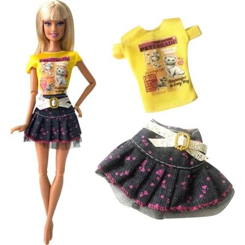 NK One Set Doll Clothes Fashion Outfit Jeans Skirt Cartoon Printing Clothesing For Barbie Doll Girl Favourite Gift Party Gown