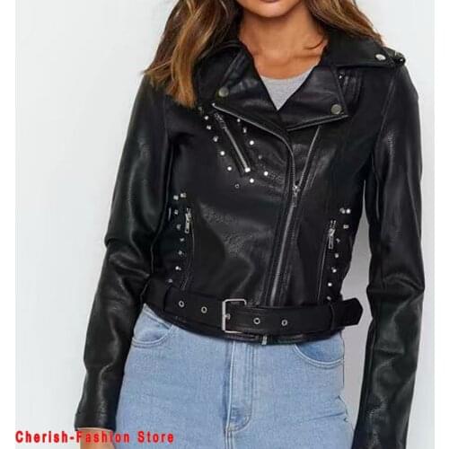 2021 New Autumn Women Winter Faux Soft Leather Jackets Coats Lady Black PU Rivet Zipper Epaulet Brand Motorcycle Streetwear