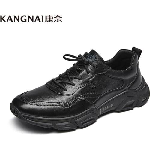 KANGNAI Men Shoes Cow Leather Elastic Band Outdoor Walking Sports Footwear Black Platform Male Casual Shoes