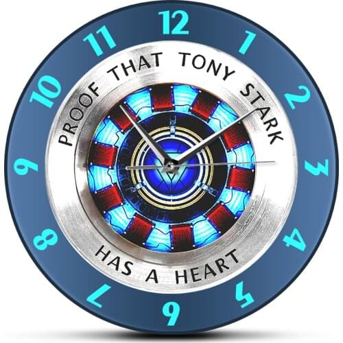 Proof That Tony Stark Has A Heart Arc Reactor Print Acrylic Wall Clock Superhero Style Hanging Wall Watch Movie Fans Home Decor