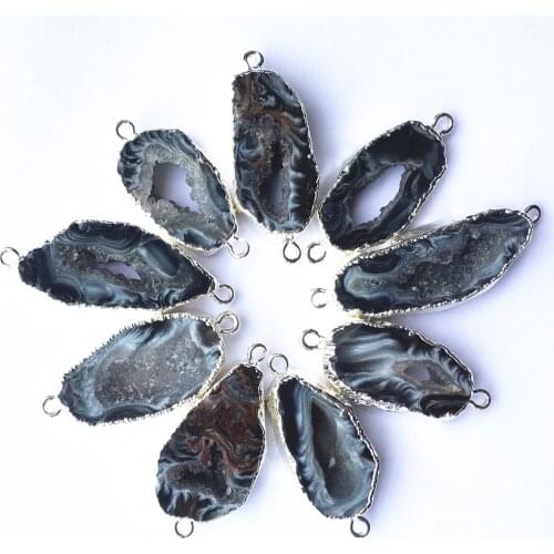 Natural Black Brazilian Agates Slice Pendants Connectors Irregular Raw Druzy Silvers Stones Pendants For DIY Jewelry Making 5PCS