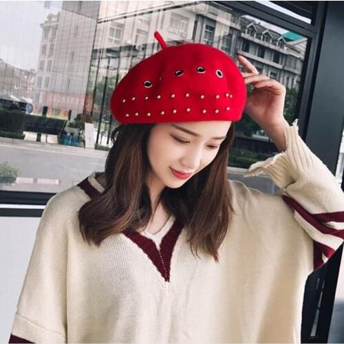 New Wool Beret With Rivet Hole Hats For Women Winter Boina Artist Cap Warm Beanie Painter Beret Hat Female