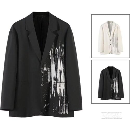 Casual Men Blazer National Tide Loose Large Size Suit Jacket Black White Wedding Vintage Printing Blazers Business Meeting Party
