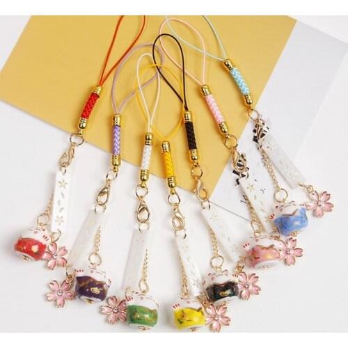 Cute Cat Phone Strap Lanyards Decor Daisy Sakura Cat Bell Mobile Rope Key Chains Couple Gift Anti-lost Rope U Disk Hanging Rope