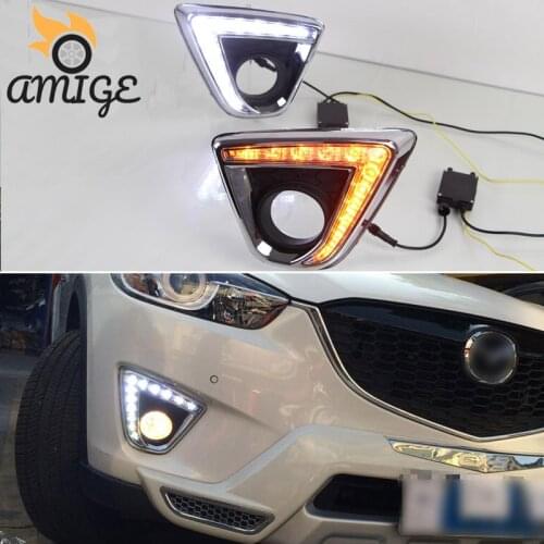 DNO LED Daytime Running Headlamps For Mazda CX-5 CX 5 CX5 2012 2013 2014 Daylights Yellow Turn Signal Car DRL Foglamp