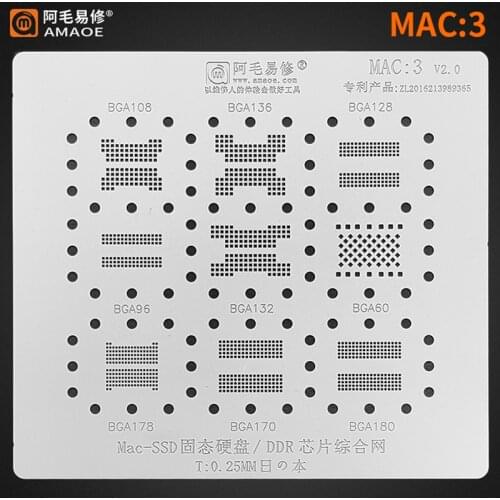 Amaoe MAC3 BGA Stencil For Macbook BGA108 BGA136 BGA128 96 BGA132 BGA60 BGA178 BGA170 BGA180 MAC SSD NAND DDR Chip IC Steel Mesh