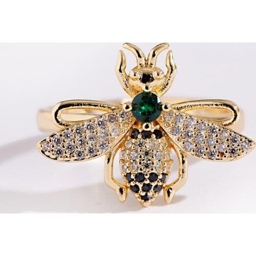 Trendy Bling Zircon Bee Gold Copper Rings For Women Luxury Rhinestone Female Jewelry Wedding Accessories Gifts