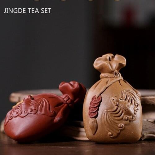 Yixing Purple Clay Tea Pet Lucky Fortune Money Bag Model Ornaments Chinese Handmade Tea Figurine Crafts Boutique Tea Decoration