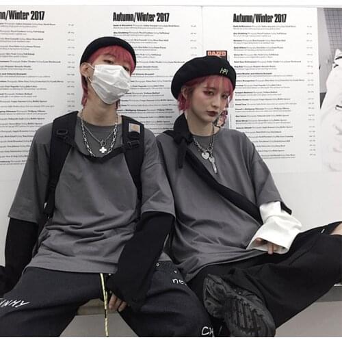 Dark Solid Color Gray Stitching Fake Two-Piece Long-Sleeved t-Shirt Womenoversized Couple Gothic Clothing Punk y2k Women 'sTops