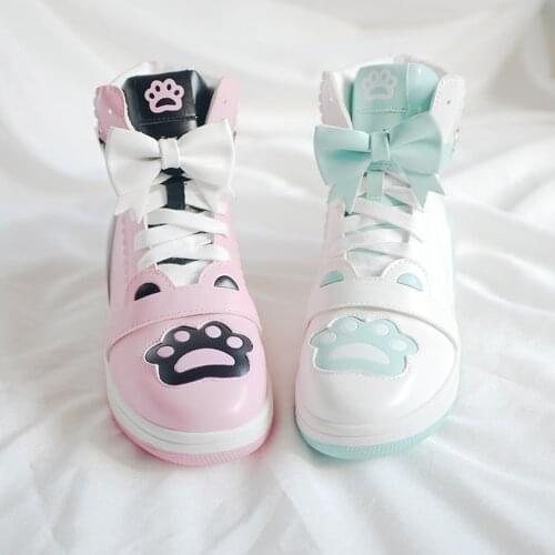 Womens Round Toe Match Colors Sneakers High Top Flats Lace Up Skateboard Shoes Bowknot Cute Lolita Cosplay 8Colors Girls