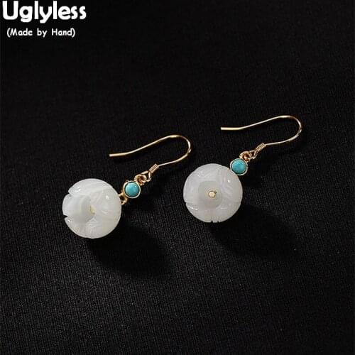 Uglyless 100% Real 925 Sterling Silver Handmade Fine Jewelry for Women Jade Tulip Earrings Turquoise Brincos Bijoux Gold Plated
