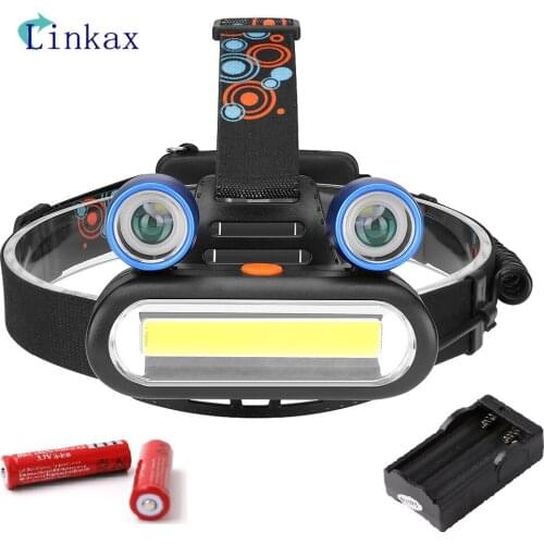 2*XPE+1*COB LED Headlamp Fishing Headlight Flashlight 4 Modes Headlamp Power 2*18650 Battery Headlight for Outdoor,Camping Light
