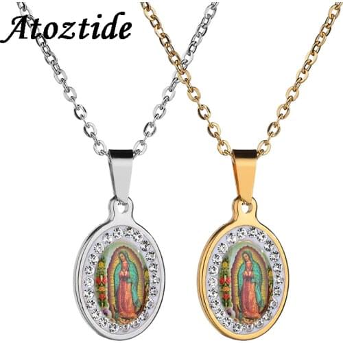 Atoztide Catholic Rhinestone Oval Prayer Virgin Mary Necklace Classic Our Lady of Guadalupe Medal Coin Necklace Amulet