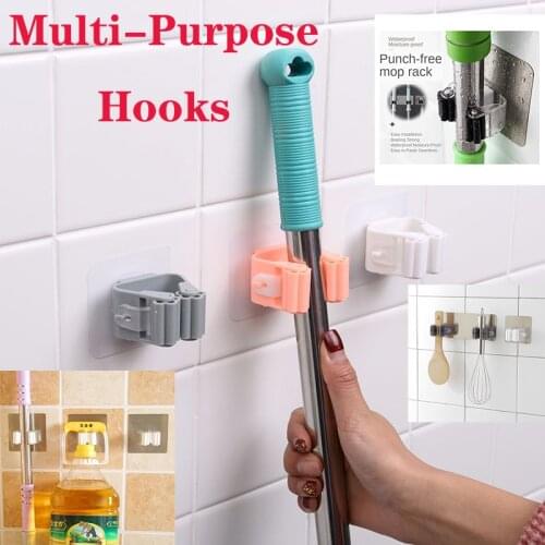 Adhesive Multi-Purpose Hooks Wall Mounted Mop Organizer Holder Brush/Broom/Rack for Kitchen Bathroom Hanger Strong Hooks