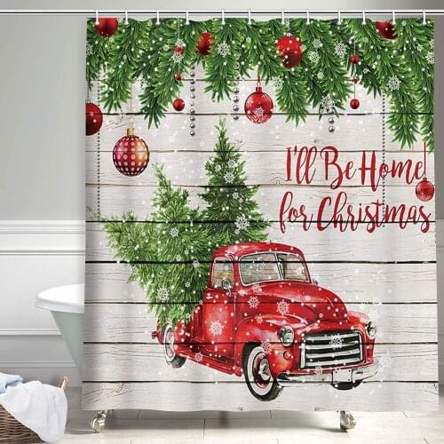 Colorful Christmas Balls with Pine Fir Tree Farmhouse Fabric Shower Curtain, Red Truck Car Snowflake Xmas Tree on Rustic Wooden