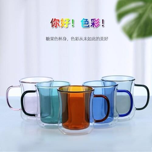 Creative glass household transparent drinking glass color double-layer high borosilicate glass with handle household water cup