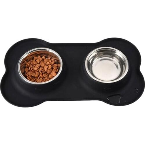 Silicone Bone Double Dog Bowl Pet Pad Pet Feeding Bowl Non-Slip Leakproof Dual-Use Pet Mat Black And Blue