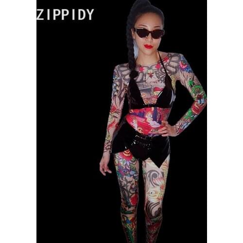 Fashion Cartoon Pattern Spandex Jumpsuit Women Singer Dancer Nightclub Bar Bodysuit Womens Celebrate Stage Leggings